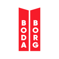 Logotyp: En röd logotyp med vit text 'Boda Borg'